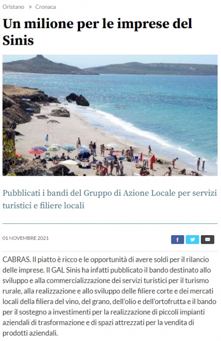 La Nuova Sardegna | Un milione per le imprese del Sinis